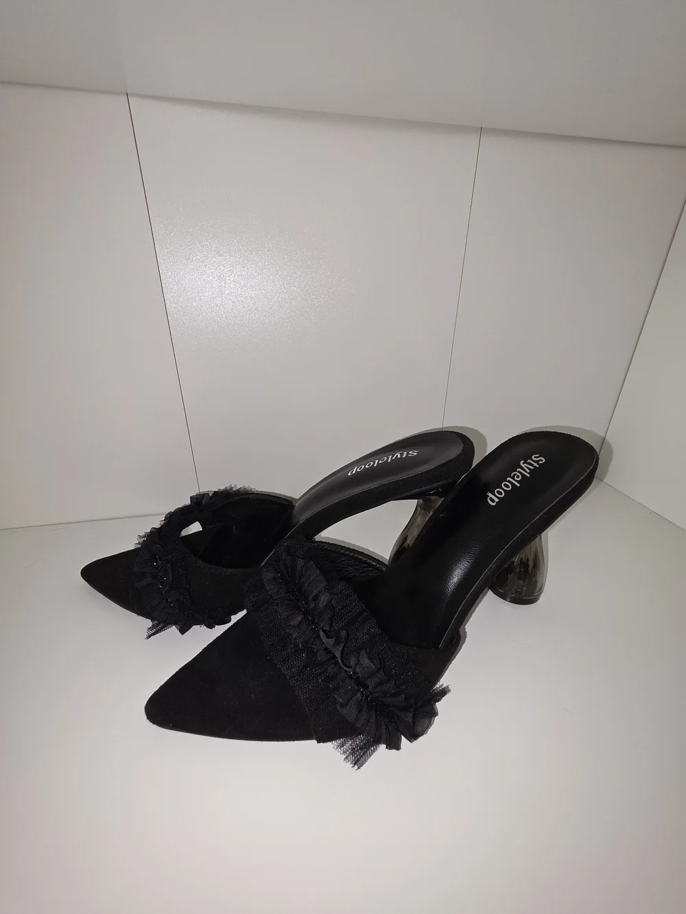 Black Pointed Toe Ruffle Slide Heels - Picture 2 of 4